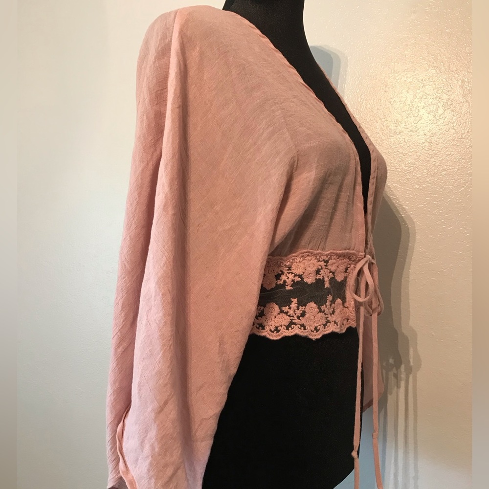 Revamped Women’s Cropped Cover Jacket Size M Kimono Style Sleeves Dusty Pink - Picture 3 of 8